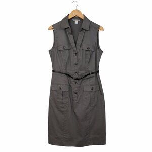 H&M Stretch Cotton Shirt Dress 10 Sleeveless Button Up Gray Belt Pockets